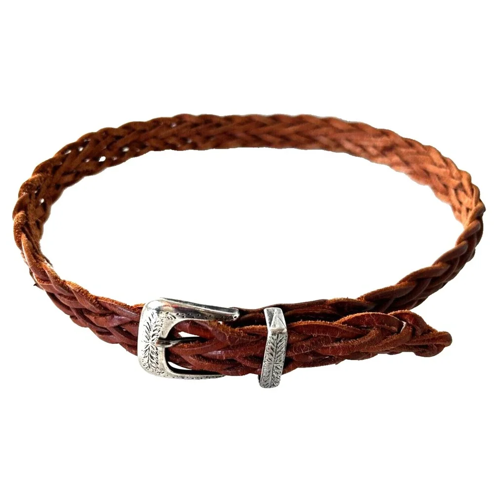 Braided Leather Belt Etched Silver Plate Buckle Made in Argentina Brown S